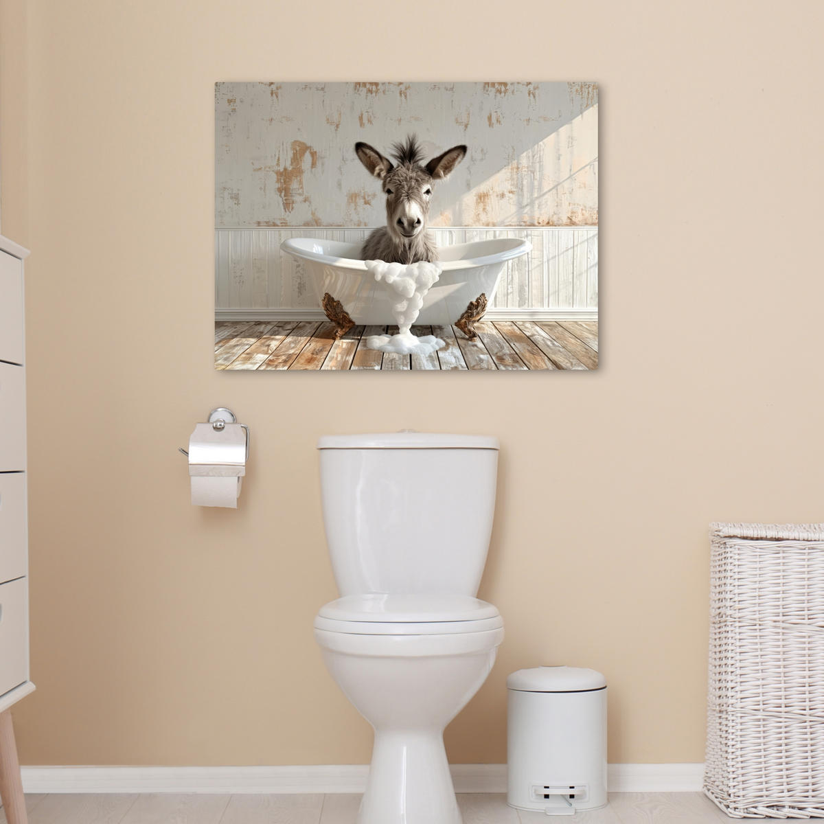 LEINWANDBILD Esel - Tiere - Badewanne - Schaumstoff Wandbilder 80x60 cm - Weiß, Textil (80/60cm) - MuchoWow