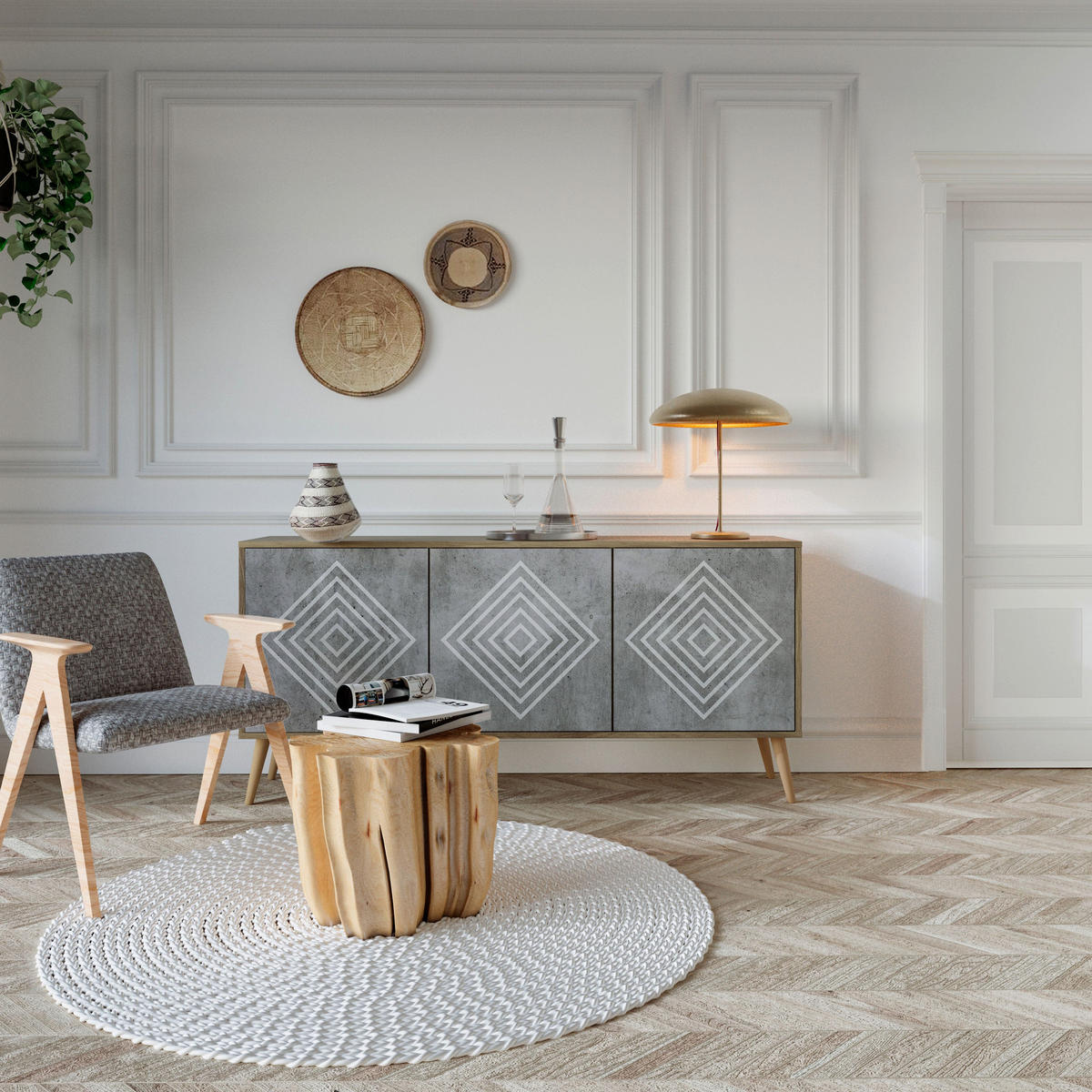 SIDEBOARD POLYGONAL ARTISTRY, Eicheneffekt, 164,5x42x77,5 cm, 3 Türen - Eichefarben/Buchefarben, Holzwerkstoff/Buchenholz (164.5/77.5/42cm) - SpaceRebels
