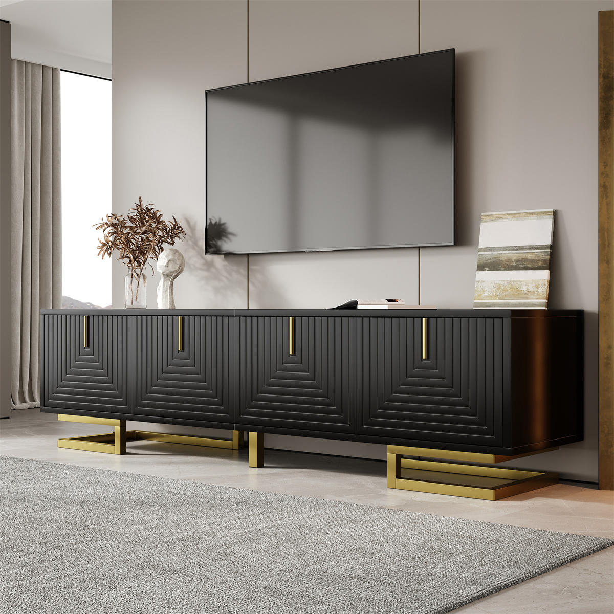 TV-ELEMENT160X38X44,5CM SchwarzStrukturiertes Lowboard mit Goldenen Beinen - Schwarz, Holz (47.12/25.78/93.35cm) - Raelunyi