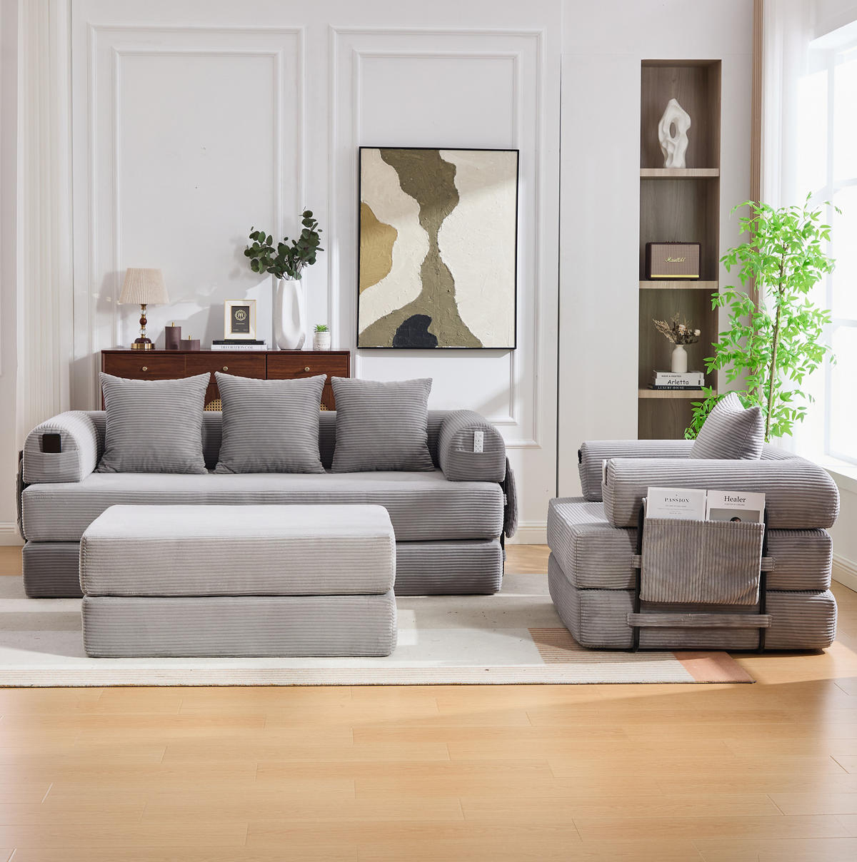 SOFA 200/190/67 cm in Hellgrau aus Cord mit Hocker und Kissen - Hellgrau, Textil (190/67/200cm) - Flora Grace