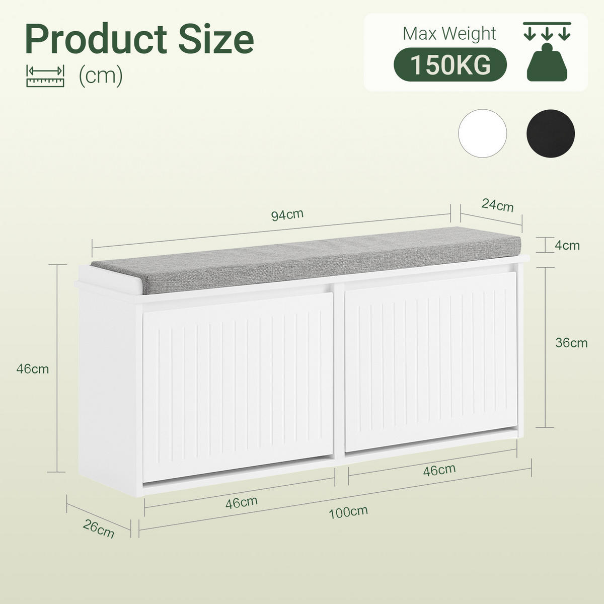 SCHUHBANK Weiß, 100 x 46 x 26 cm, 2 Klappen für ca. 8 Paar Schuhe, bis 158 kg, abnehmbares Sitzpolster, Filzgleiter - Weiß, Holzwerkstoff (100/46/26cm) - SoBuy