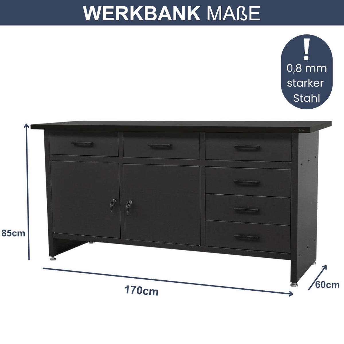 WERKBANK Werkstatt KARL 2x Tür 85x170x60cm All Black - Schwarz, Metall (170/85/60cm) - DELUKE