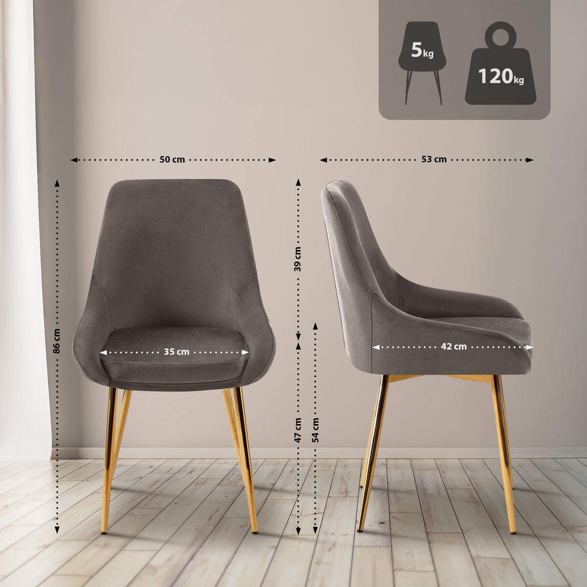 STUHL Samt Anthrazit - Anthrazit/Goldfarben, Textil (50/86/53cm) - CLP