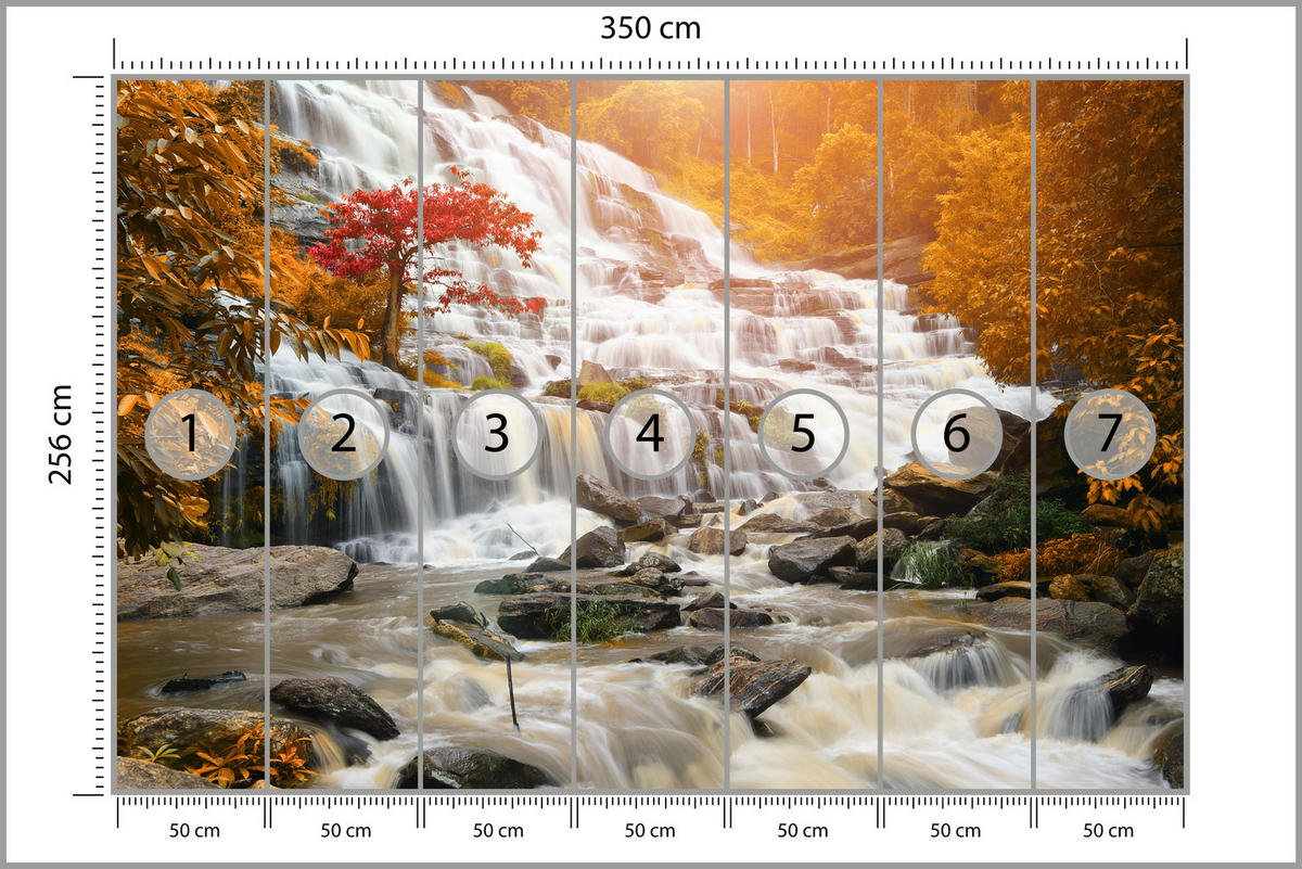 FOTOTAPETA Pre Kuchyňu Jesenný Vodopád Stromy Listy Skaly 350 x 256 cm - oranžová/hnedá, papier (350/256cm) - Muralo