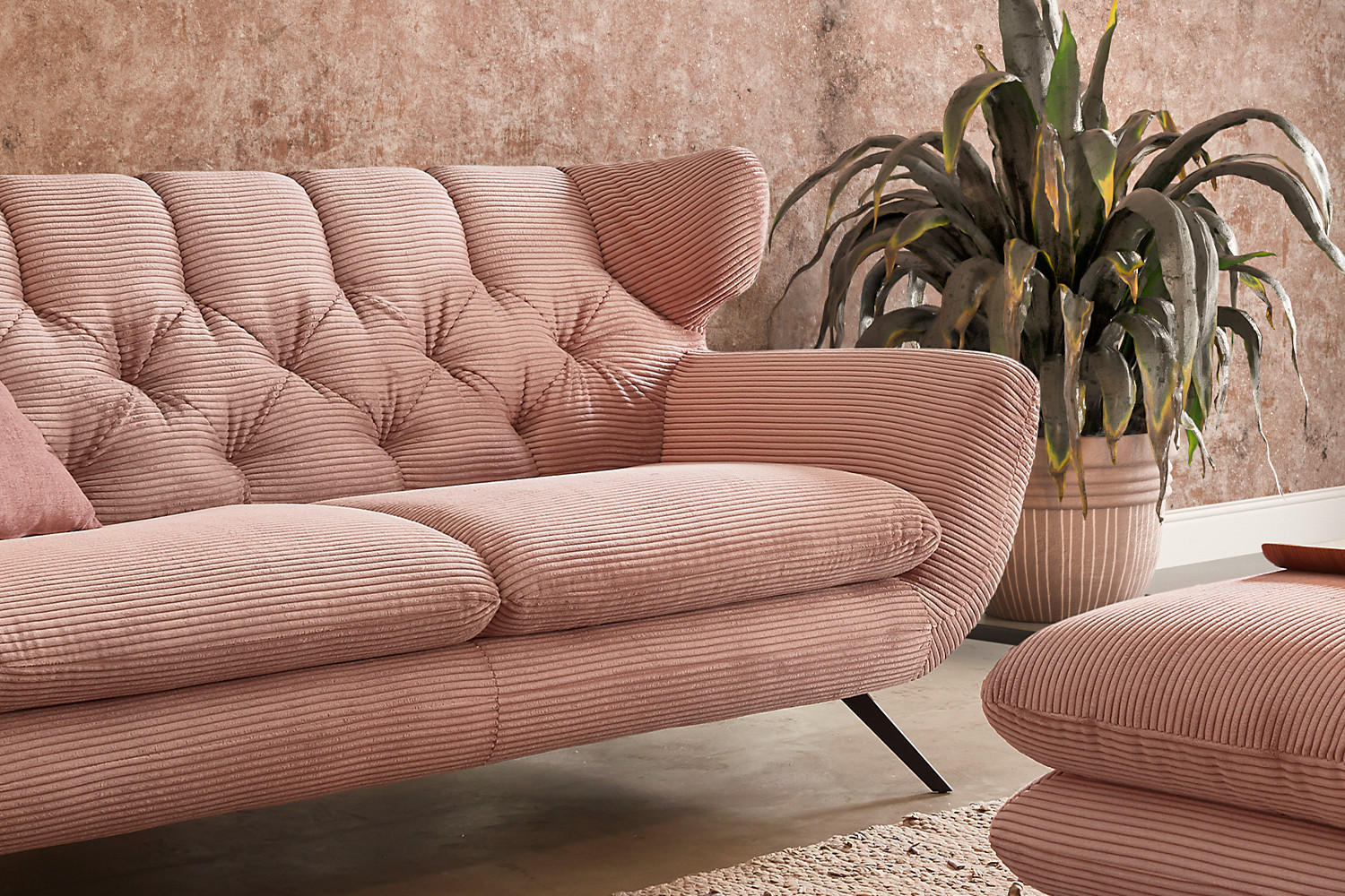 SOFA CHARME Pink Cord - Pink/Schwarz, Textil/Metall (225/94/95cm) - KAWOLA