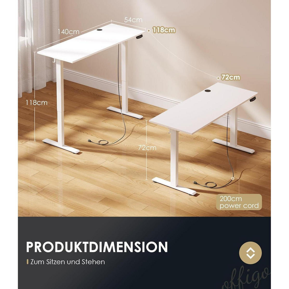 SCHREIBTISCH höhenverstellbar elektrisch 140 cm Weiß - Weiß, Metall (54/140/72cm)