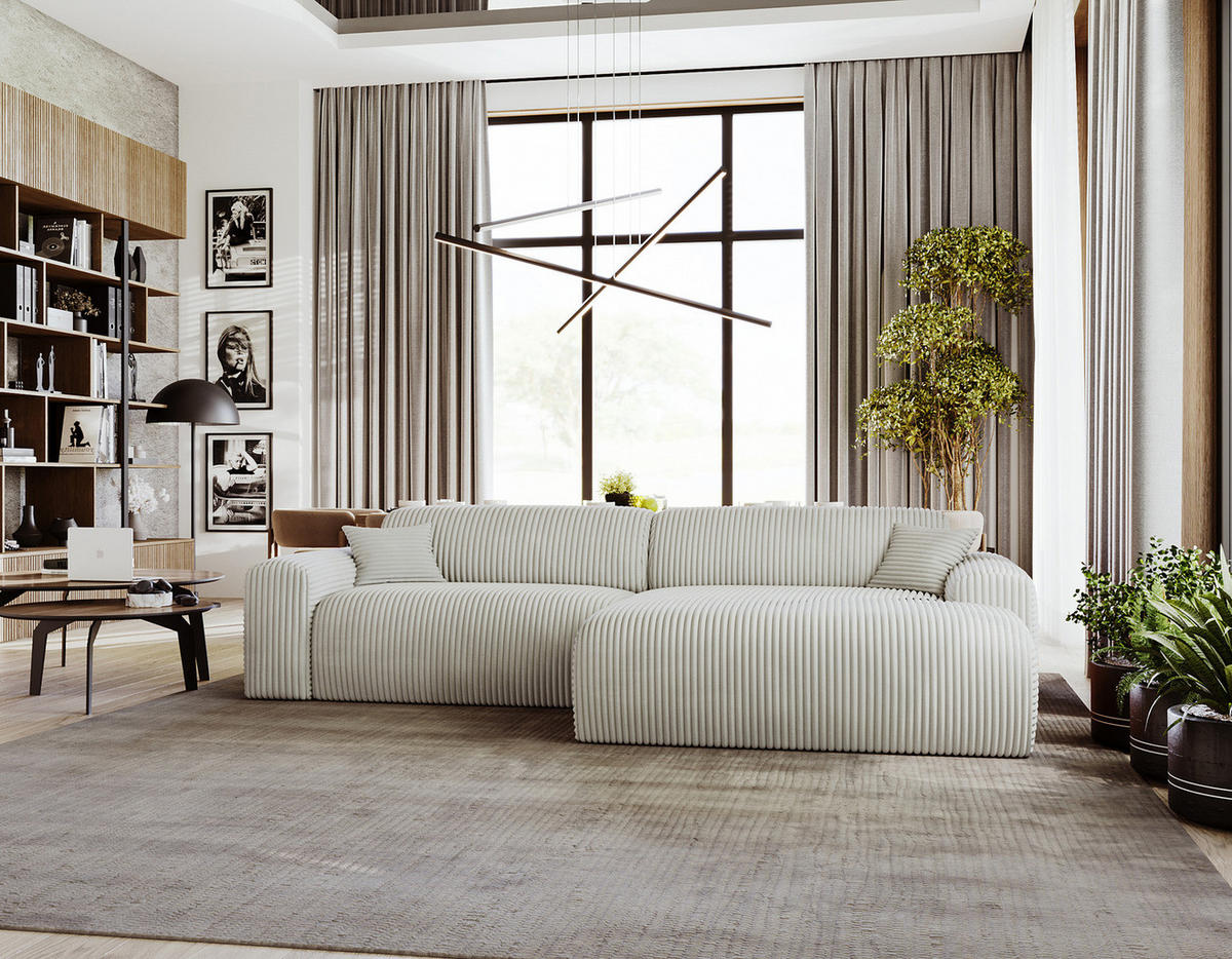 ECKSOFA mit Longchair - Cord - Silberfarben/Schwarz, Kunststoff/Textil (284/178cm) - home24