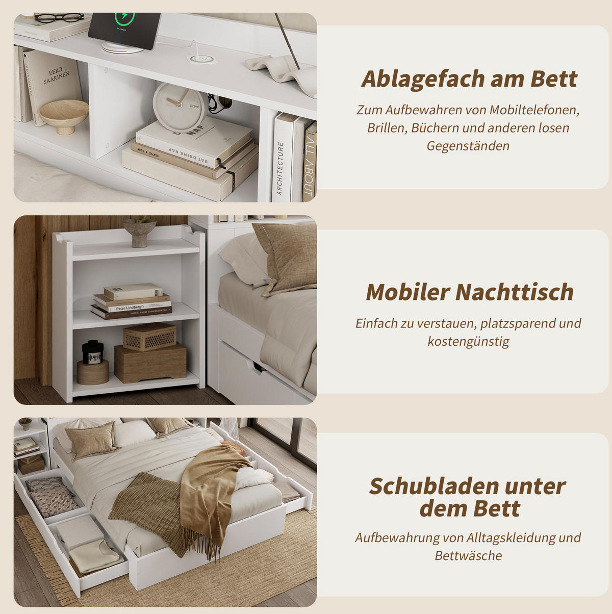 DOPPELBETT aus MDF 140x200 cm Weiß mit 4 Schubladen, ausziehbarem Nachttisch, Ablagefächern und Ladefunktion - Weiß, Holzwerkstoff (90/200cm) - Modfu