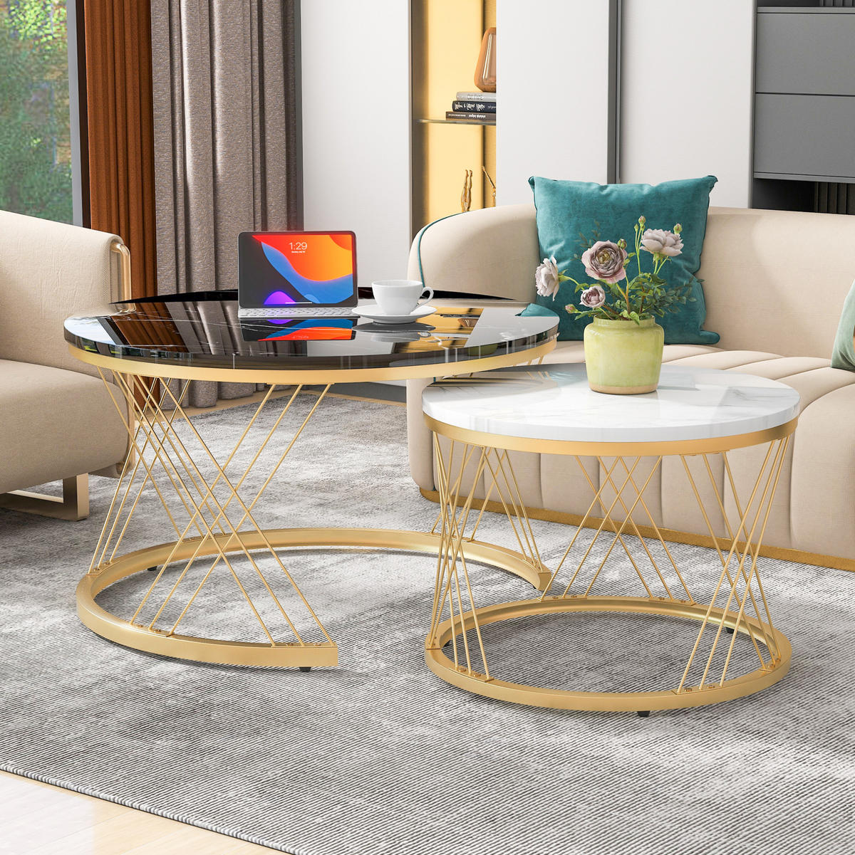 KLUBSKA miza, komplet 2 kosov 70/70/45 in 45/45/40 cm MDF črna z marmornim dekorjem - črna, leseni material (70/70/45cm) - BEAOK