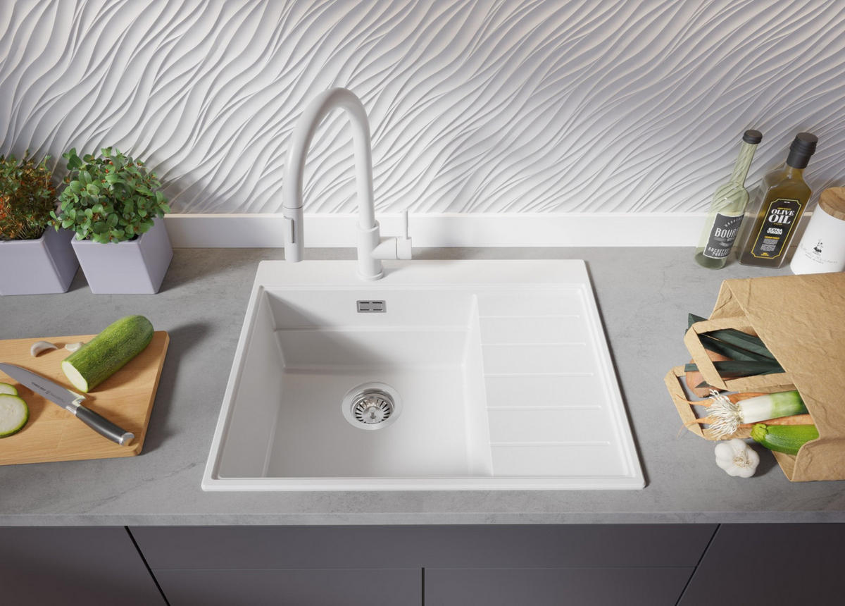 SPÜLBECKEN Sydney, 2-er set Weiß 62/50 cm 1 Becken + Ablauf-Set + Küchenzubehörset ab 45er Unterschrank - Chromfarben/Beige, Kunststoff (62/20/50cm) - Primagran