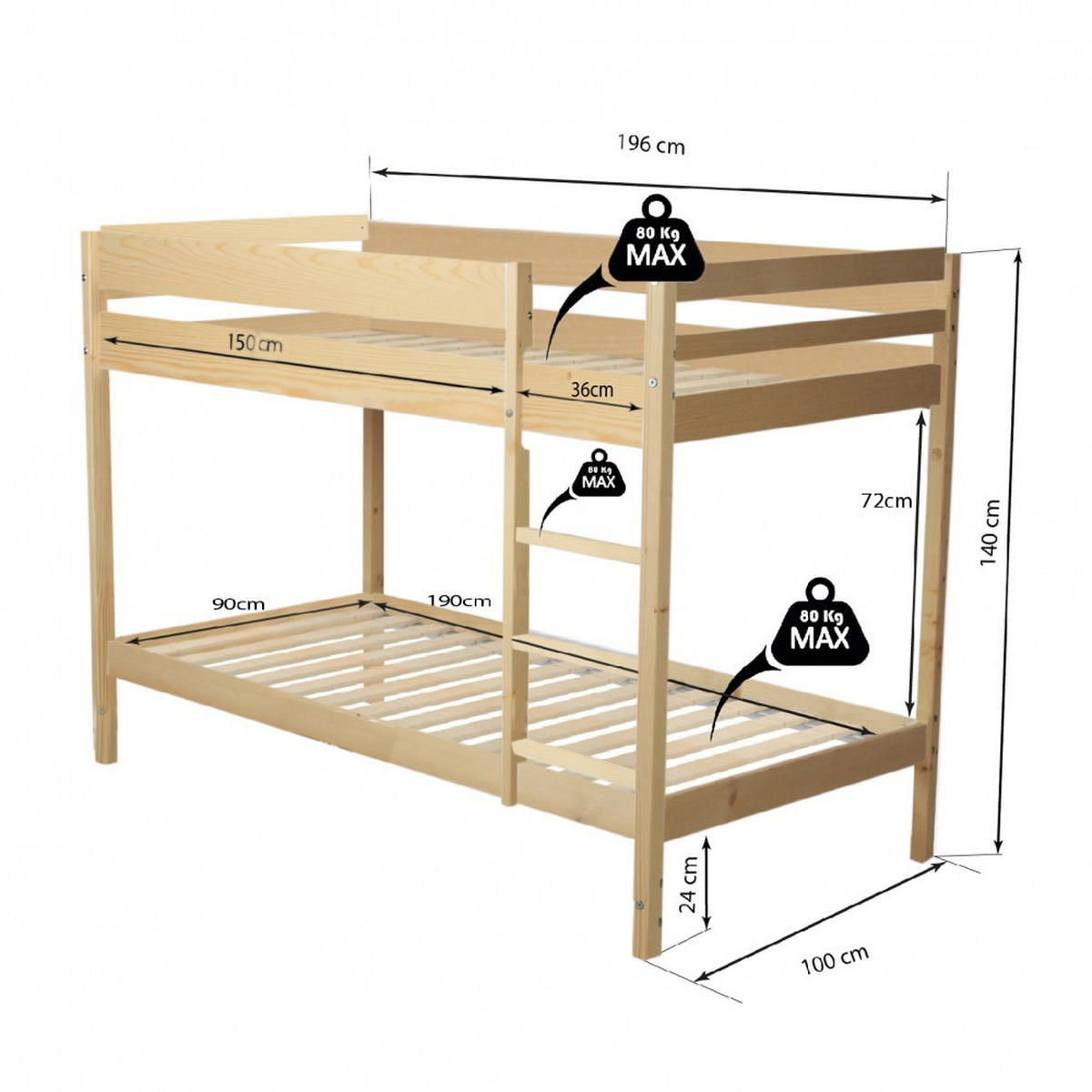 ETAGENBETT BRICE mit 2 Lattenroste / Bett 2x90x190 cm - Naturholtz - Multicolor, Holz (90/190cm) - Weber Industries