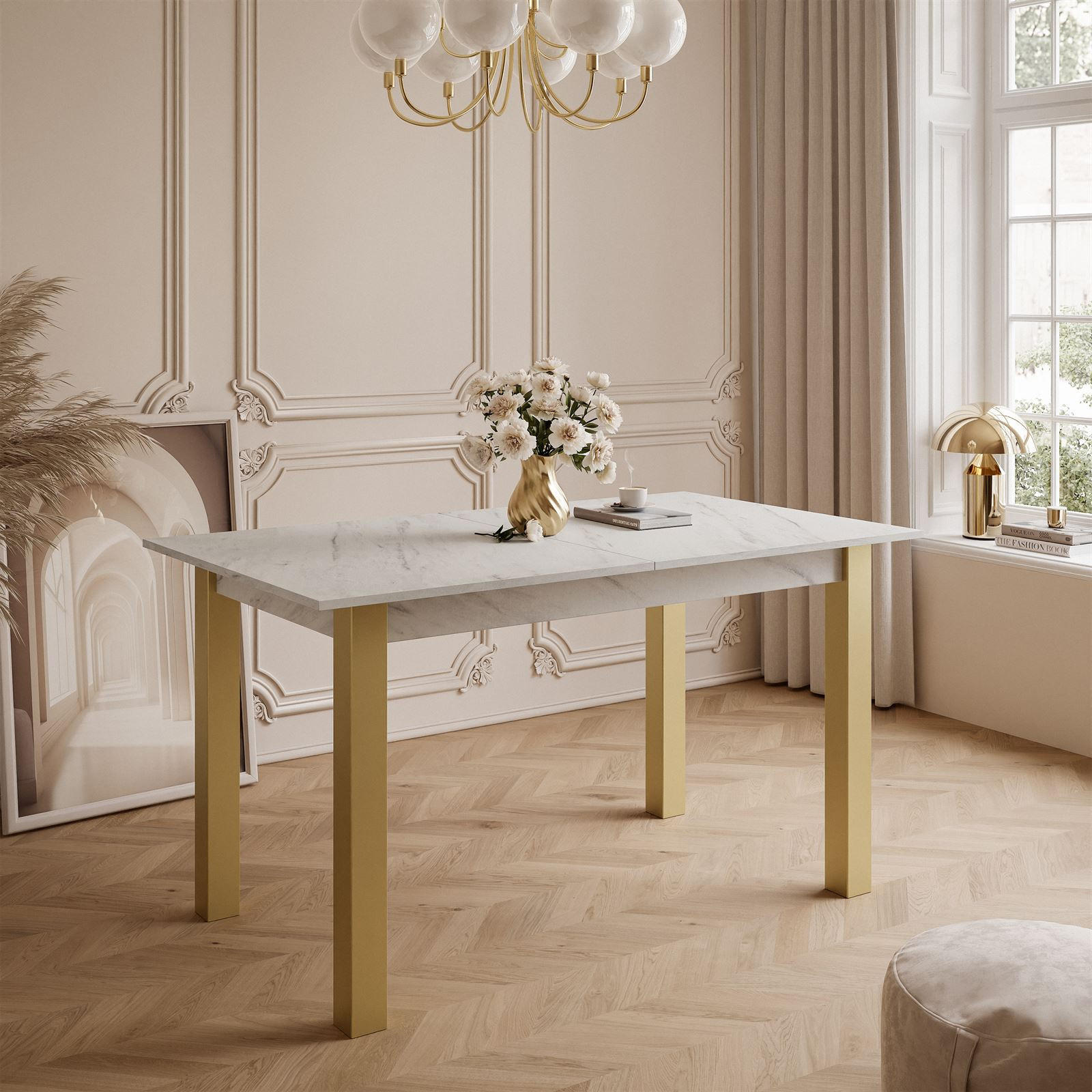 ESSTISCH ARTON GOLD ausziehbarer Tisch 140-195 cm Klapptisch Wohnzimmer - Goldfarben/Multicolor, Holzwerkstoff/Metall (140/80/77cm) - Lookway
