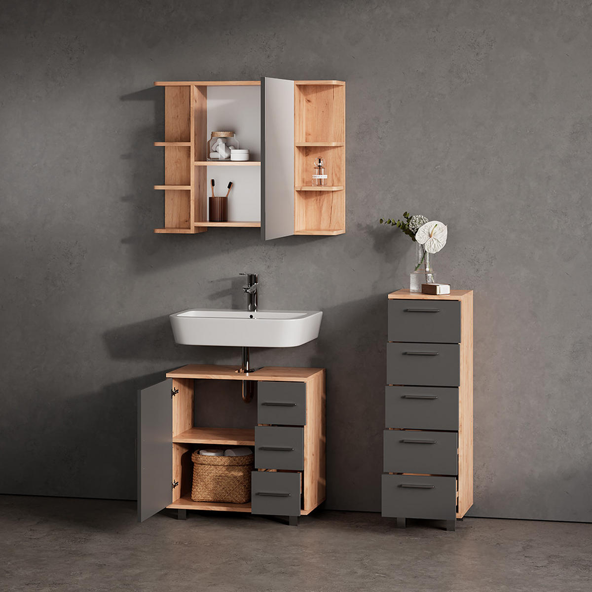 BADMÖBEL-SET Eisak Eiche 3 Teile, mit Midischrank - Eichefarben/Anthrazit, Holzwerkstoff (60/60/33cm) - Livinity®