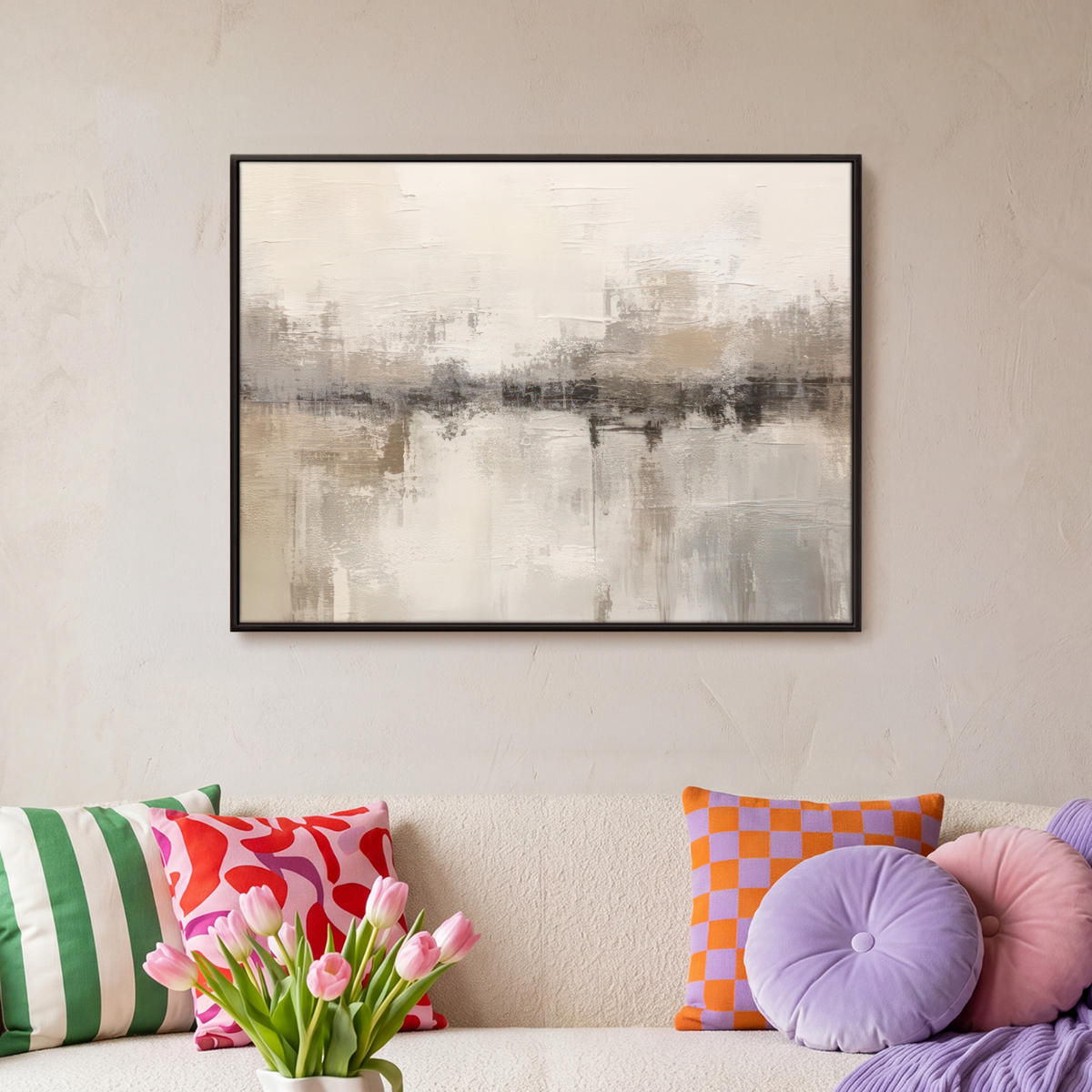 LEINWAND Bilder mit Rahmen - Moderne Kunst - Abstrakt - Beige - 70x50 - Beige, Textil (70/50cm) - MuchoWow