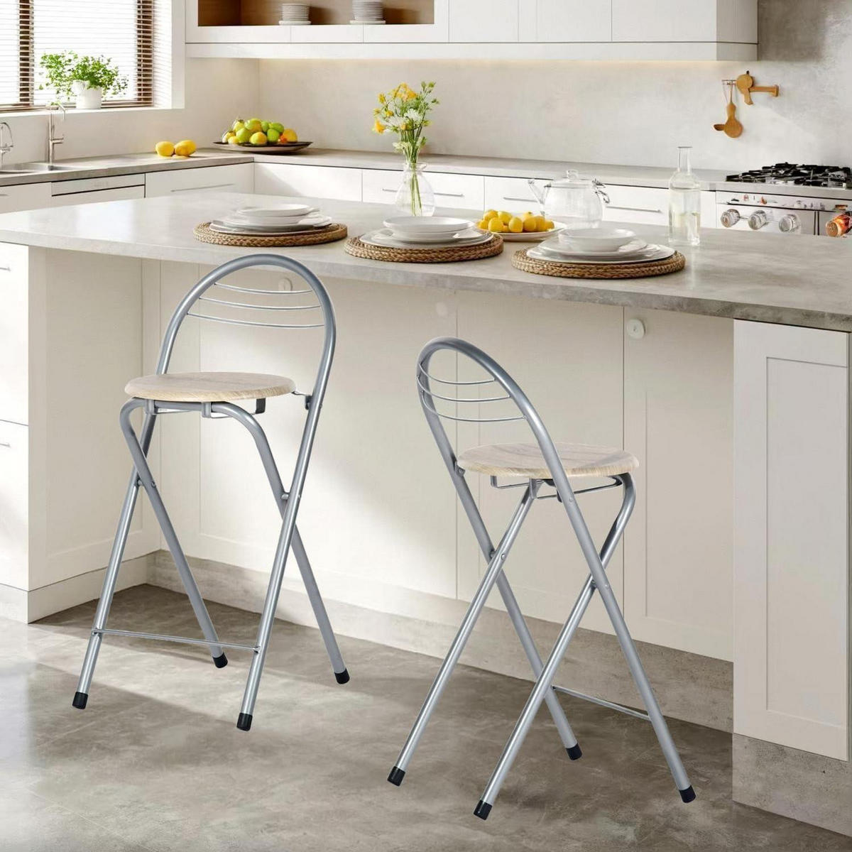 BARHOCKER 6er-Set Holzmaserung und Silber Sitzhöhe 61 cm - Multicolor, Metall (36/79/41cm)
