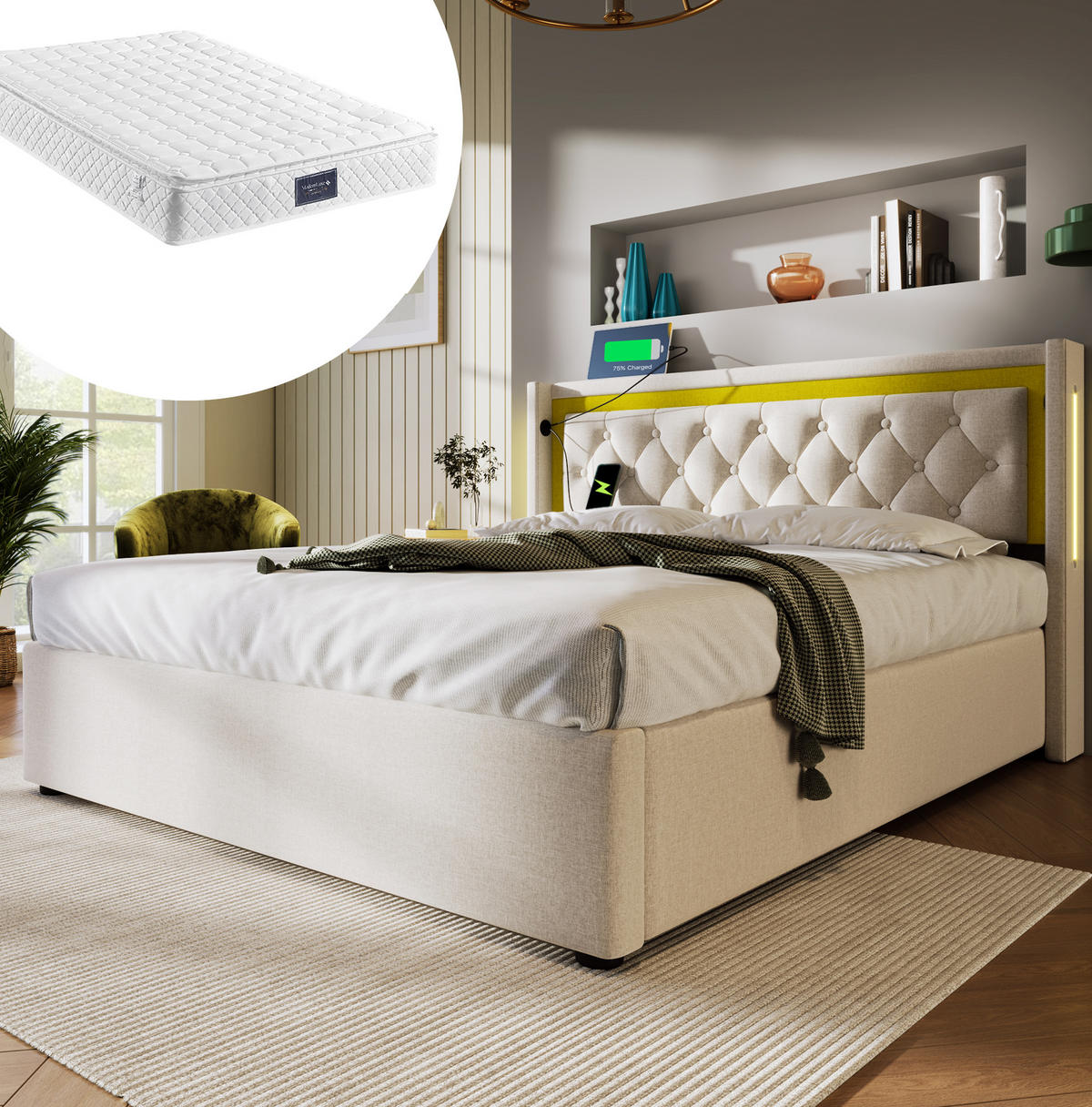 POLSTERBETT 140/200 cm Beige LED mit Stauraum und USB-Anschlüssen mit Matratze - Beige, Textil (140/200cm) - OKWISH