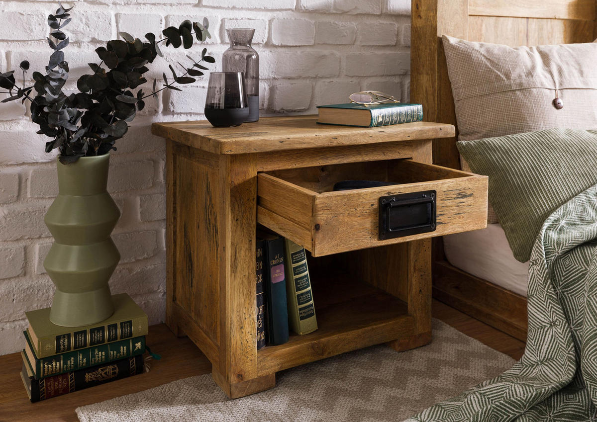 NACHTTISCH Mango 50x40x45 natur lackiert RAILWAY #187 - Naturfarben, Holz (50/45/40cm) - Massivmoebel24