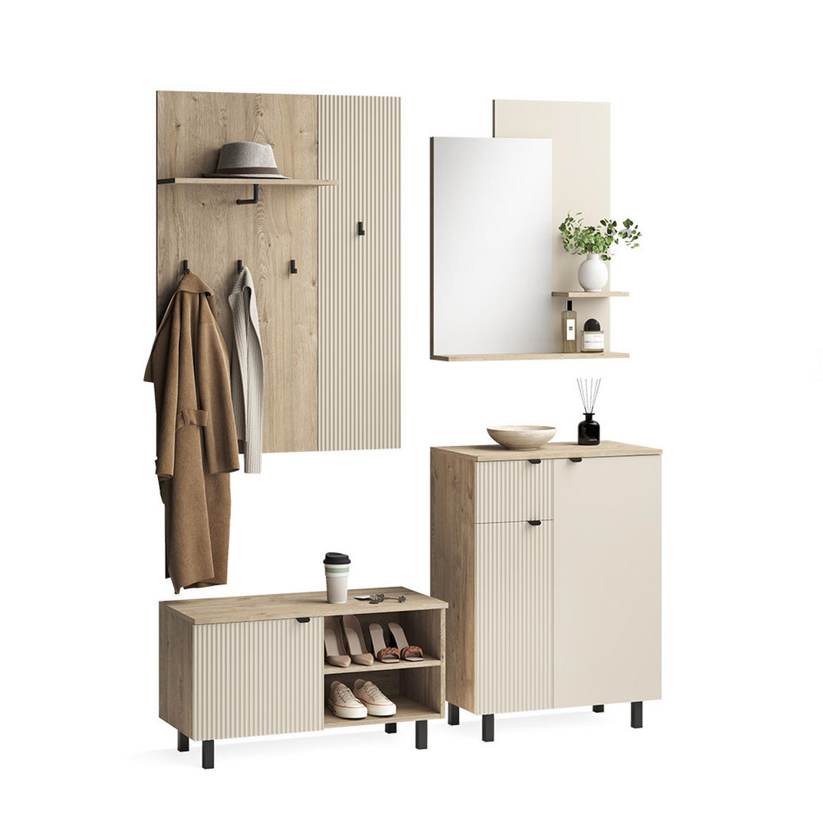 GARDEROBE Puerto, Eiche/Cashmere, 69 x 95 cm 4-er Set - Kaschmir/Eichefarben, Holzwerkstoff (69/95/40cm) - Vicco
