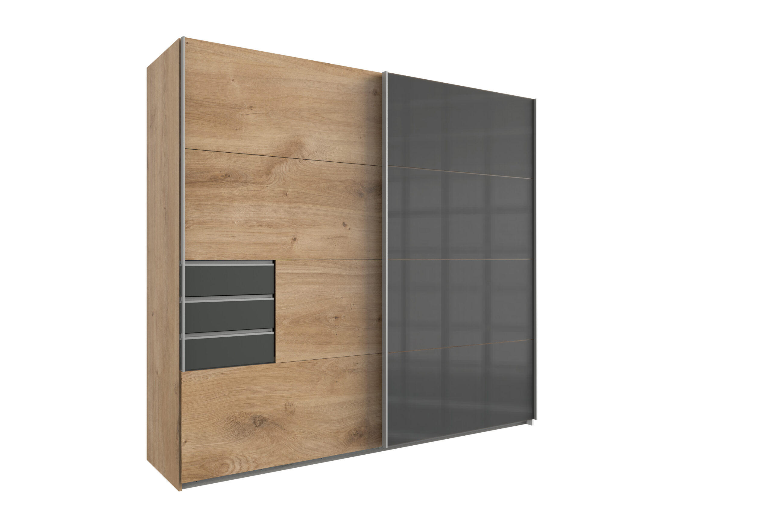 KLEIDERSCHRANK Saigon in Plankeneiche und Grafit mit einer Türfront in Glas Grey – Schwebetürenschrank 2 türig - 225 cm Breite - Braun, Holzwerkstoff (80/200/120cm)