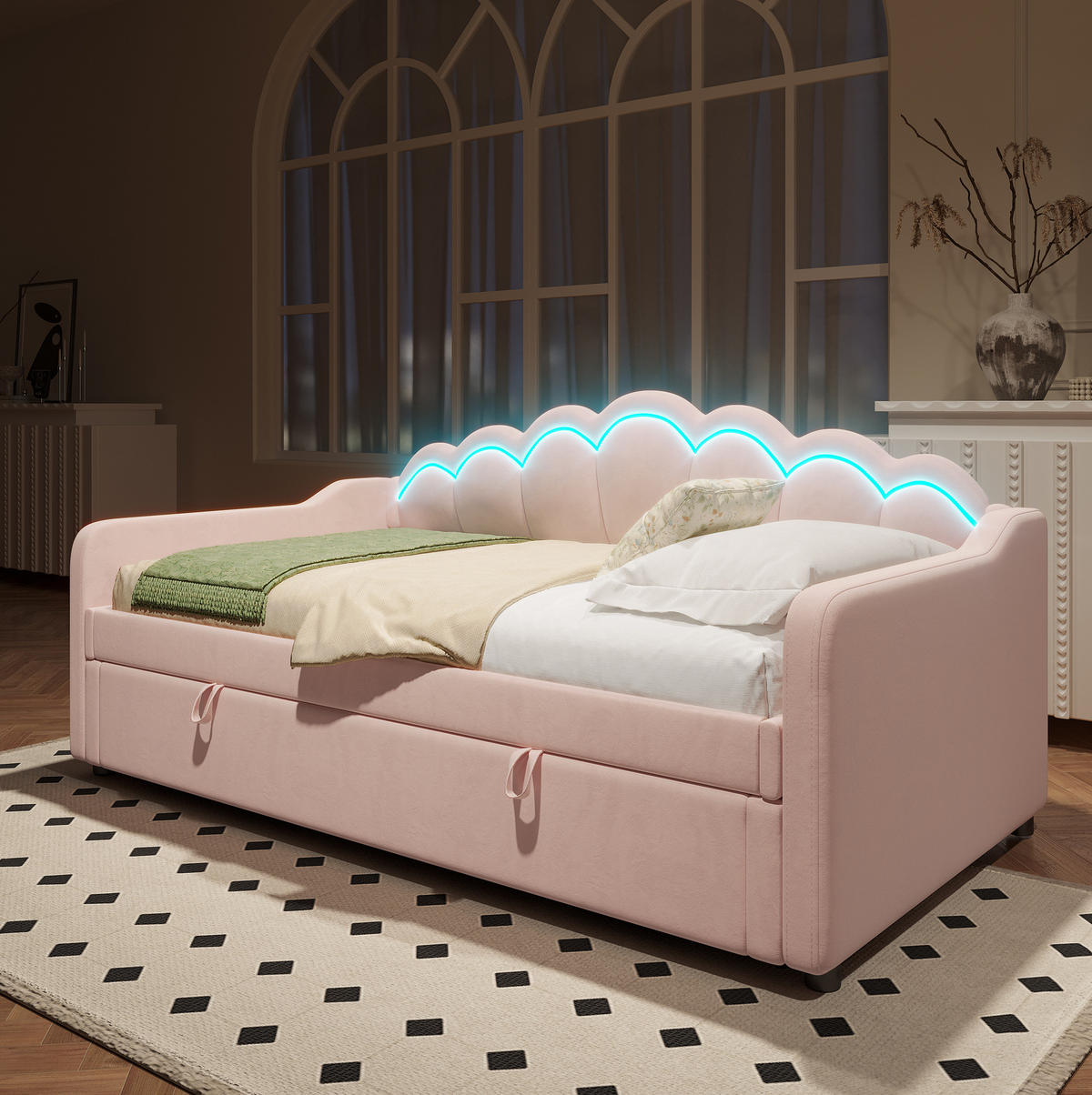 TAGESBETT 90/200 cm mit hydraulischem Stauraum, LED-Lichtleiste und gewelltem Kopfteil aus Samt, Rosa - Rosa, Textil (90/200cm) - Redom