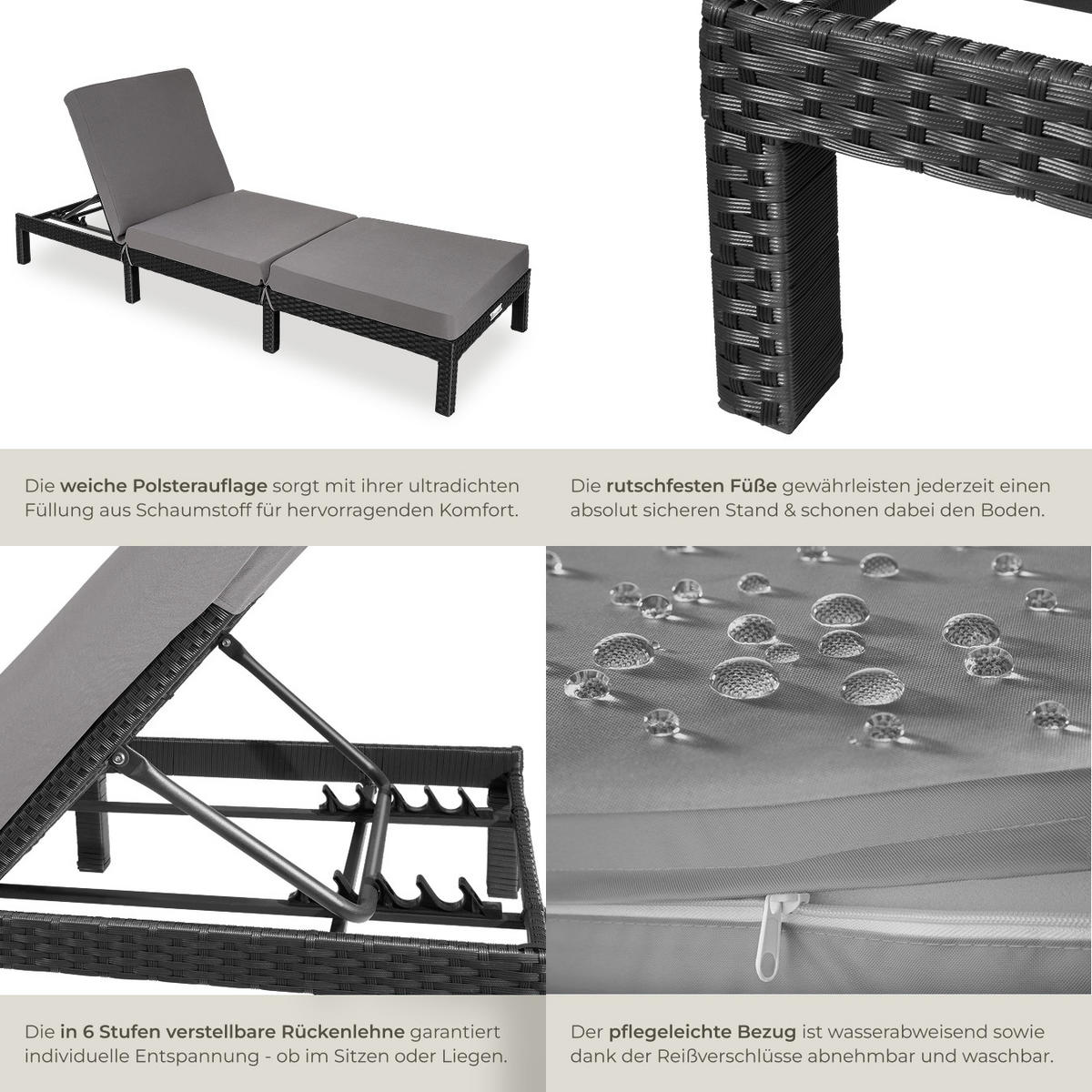 RATTAN-SONNENLIEGE Sofia, 196 x 66 x 27 cm, schwarz - Schwarz, Kunststoff (66/27/196cm) - tectake