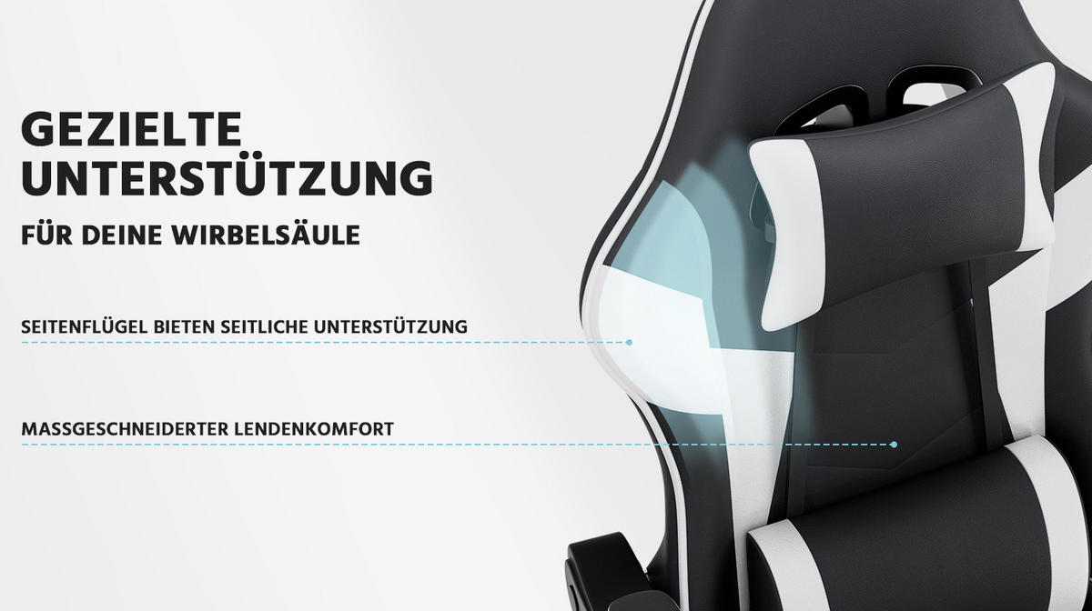 GAMINGSTUHL ergonomisch verstellbar PVC Black White - Weiß, Kunststoff (63/120.5/58.5cm) - Meubliv
