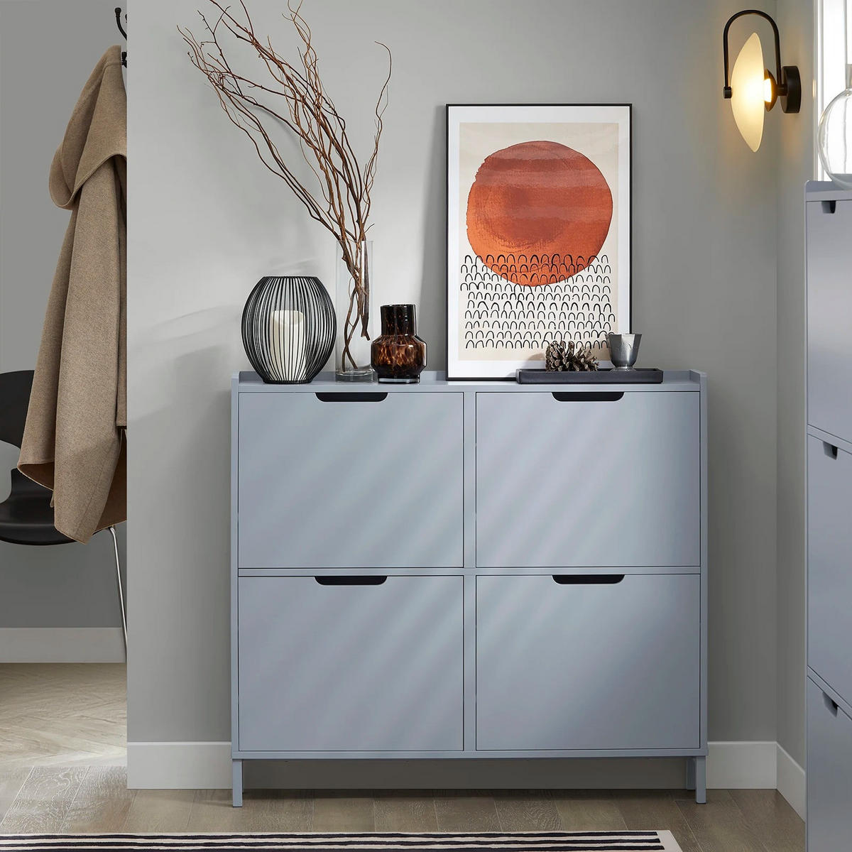 FSR100 Schuhkipper 4 Klappen Schuhschrank schmal Schuhkommode Schuhablage Hellgrau - Hellgrau, Holzwerkstoff/Metall (100/90/19cm)