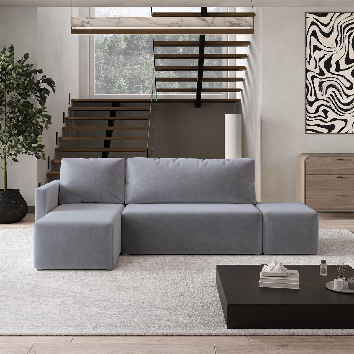 ECKSOFA VELOTTI L-S Grau Plüsch-Stoff mit Schlaffunktion - Grau, Holz (261/143cm) - MASSENO