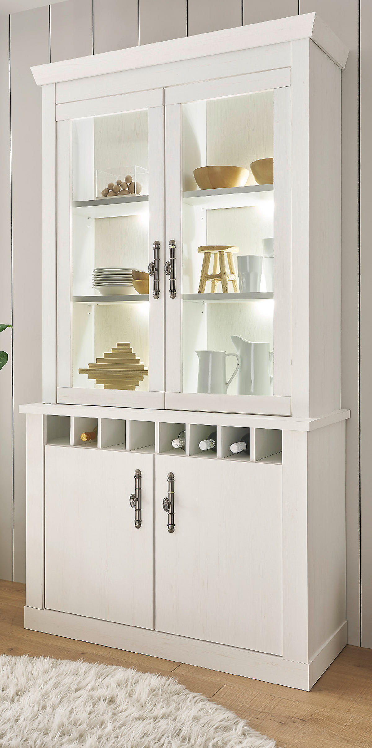 VITRINE weiß Pinie Landhaus, Buffet 110 x 207 cm, Soft-Close-Funktion - Weiß, Holzwerkstoff/Kunststoff (110/205/44cm) - Furn.Design