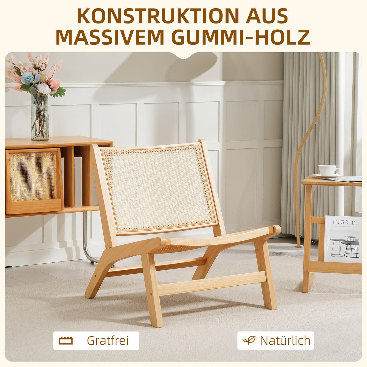 SESSEL mit Rattan-Rückenlehne, Naturfarben - Naturfarben, Kunststoff (64/74/70cm) - HOMCOM
