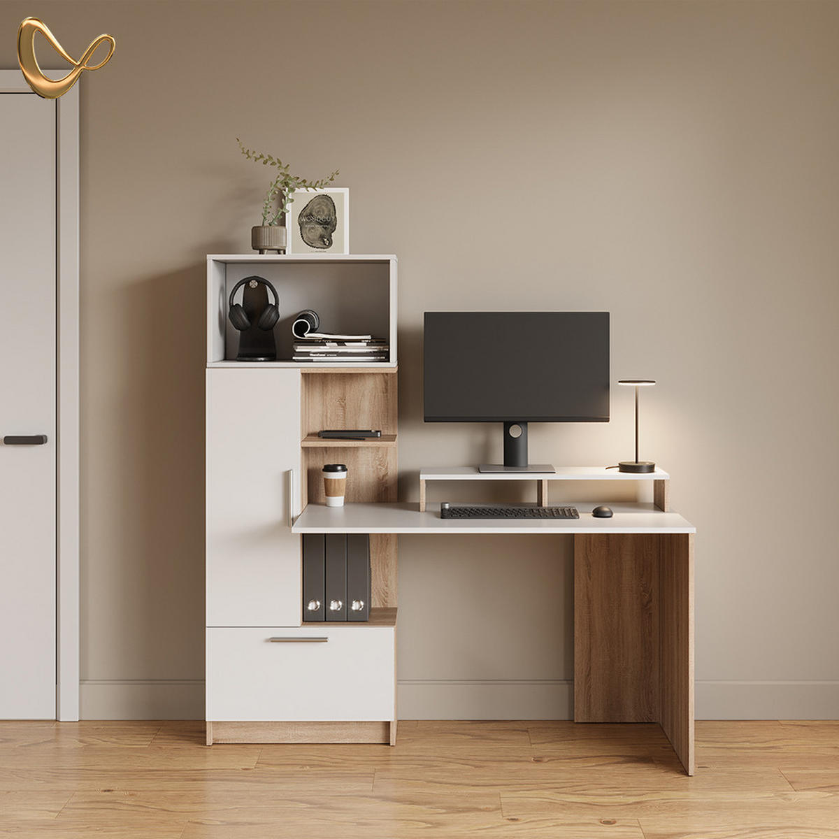 SCHREIBTISCH Lorena Sonoma/Weiß 150 x 120.1 cm mit 2 Türen - Sonoma Eiche, Holzwerkstoff (59.3/150/120.1cm) - Livinity®