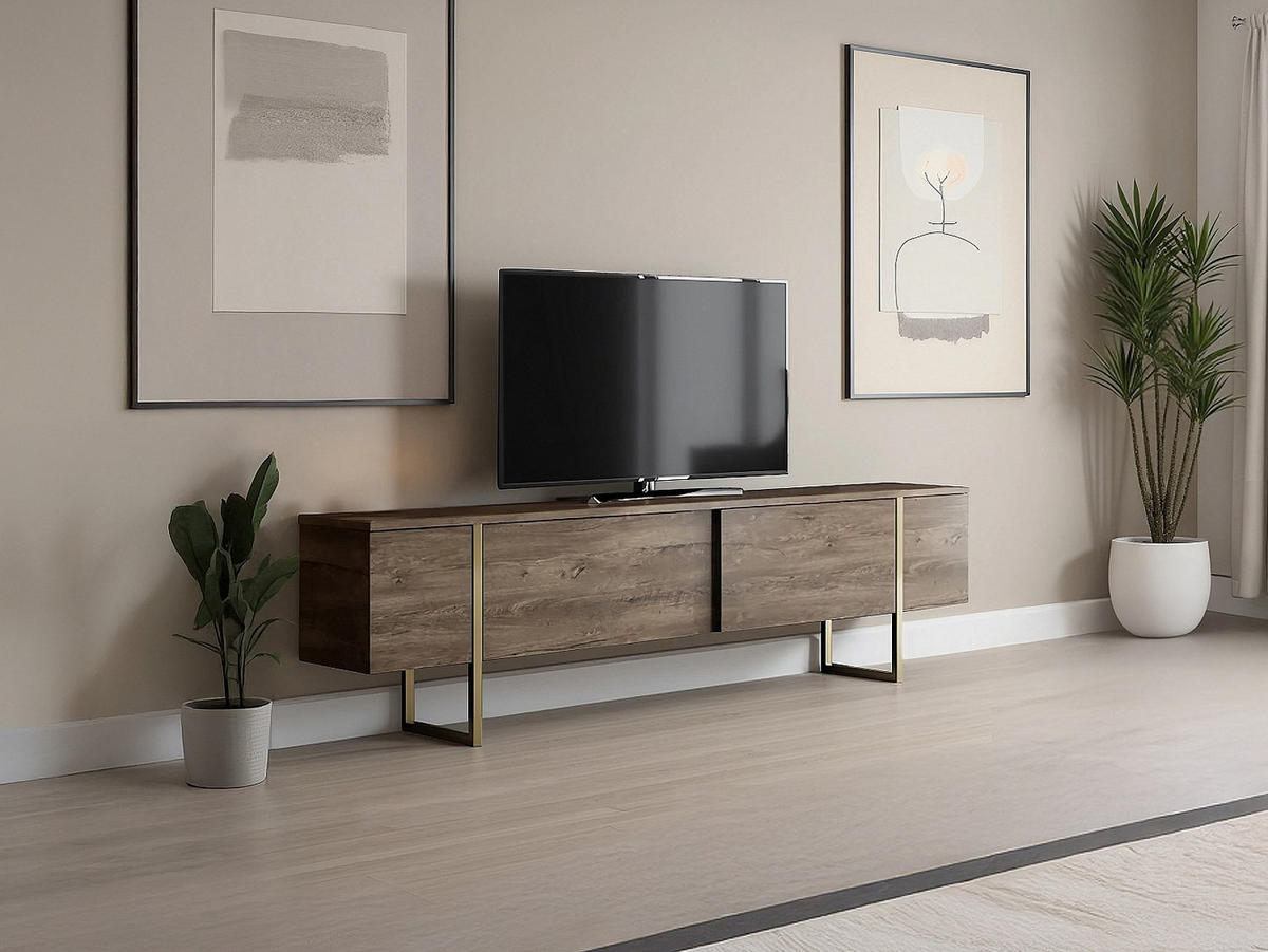 TV-MÖBEL mit 2 Türen - Dunkel-Natur & Gold - ZIRELDA - Naturfarben, Holz (180/50/30cm) - Vente-Unique