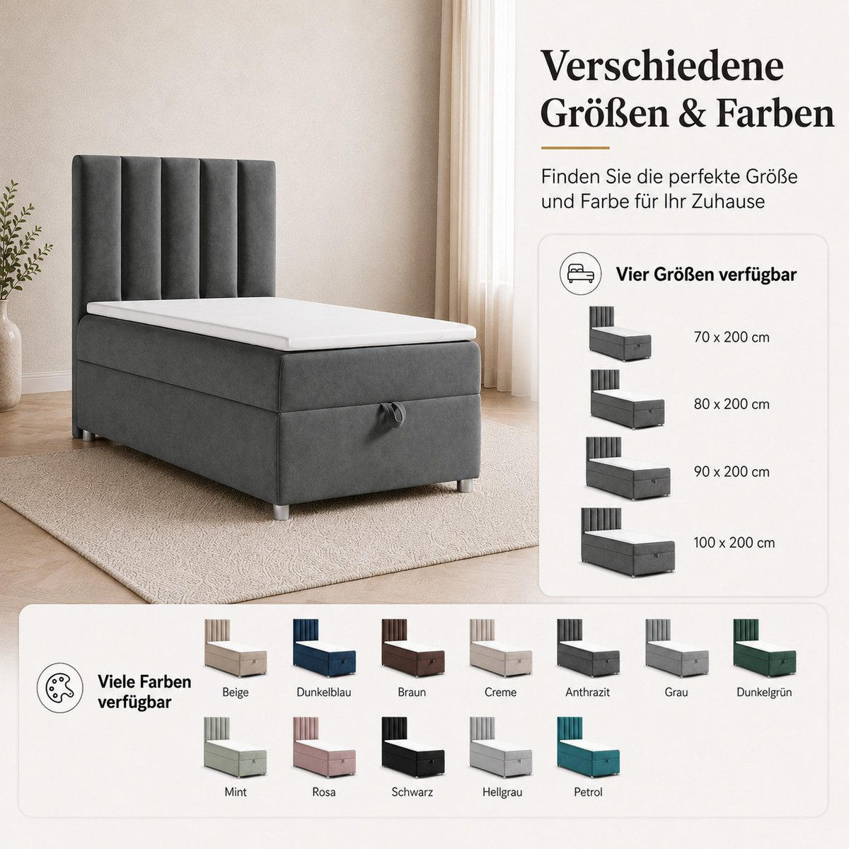 BOXBETT mit Bettkasten Trinity K-10 SINGLE Bonellfederkern inkl. Topper - Graphitfarben, Holz/Holzwerkstoff (100/200cm) - Best For Home