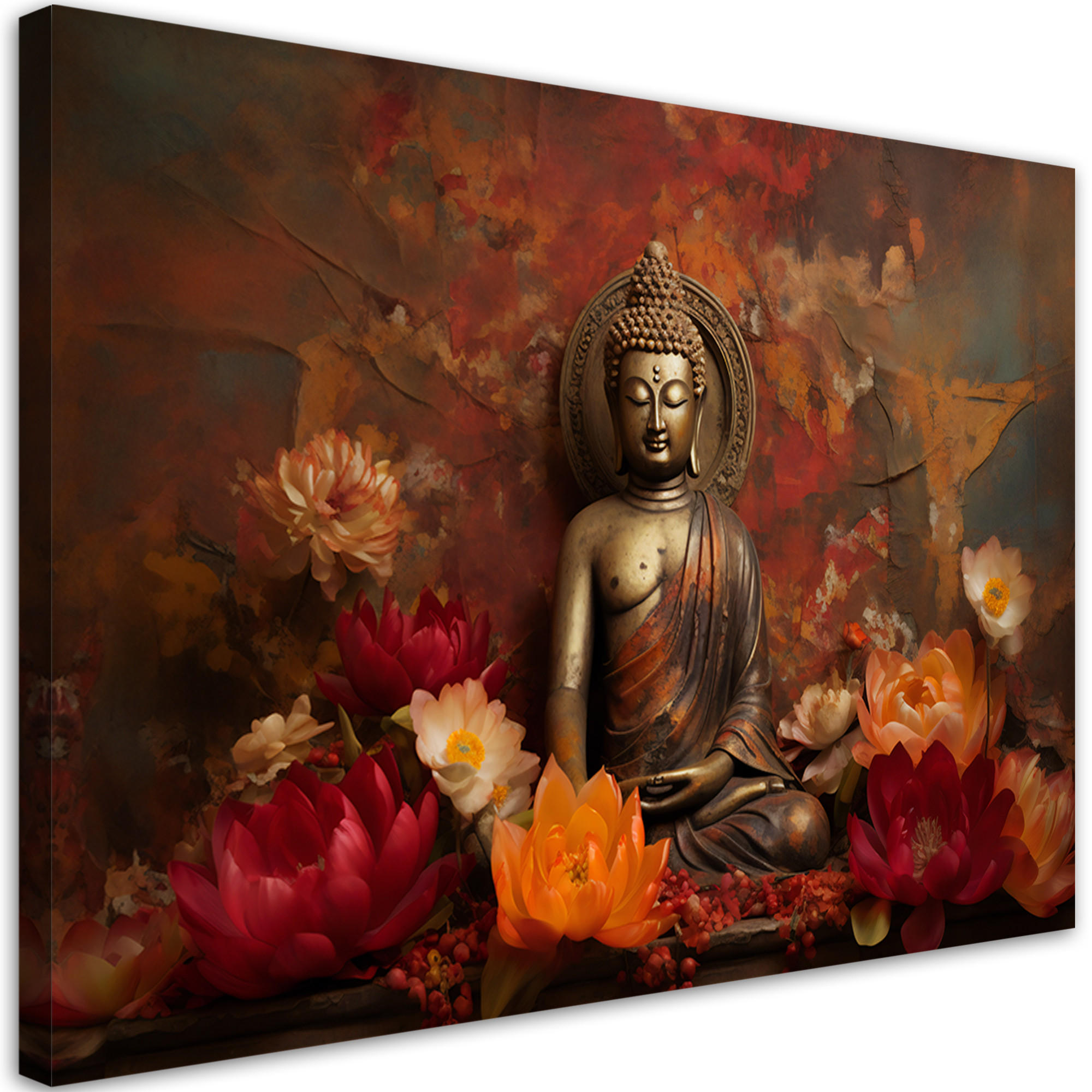 WANDBILD meditierender buddha und bunte blumen - Rot, Textil (60/40cm) - Feeby