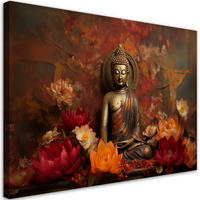 WANDBILD meditierender buddha und bunte blumen - Rot, Textil (60/40cm) - Feeby
