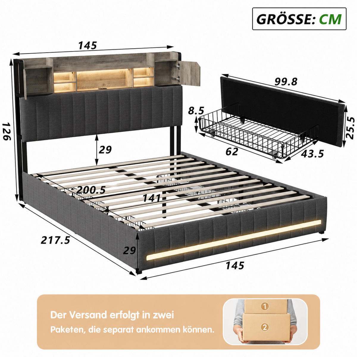 POLSTERBETT 140/200 cm mit Bücherregal-Kopfteil, USB-Anschluss, LED-Beleuchtung & Stauraum-Schubladen, Metallrahmen, Lattenrost inklusive - Anthrazit, Holz/Metall (140/200cm) - Joyfair