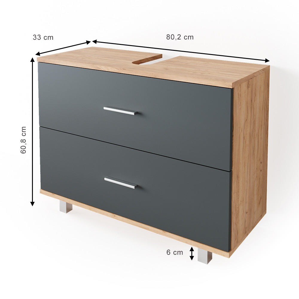 Thumbnail - Vicco Waschbeckenunterschrank, Anthrazit, Anthrazit, Holzwerkstoff, 3 Fächer, 2 Schubladen, Rechteckig, 80x60.8x33 cm, B...