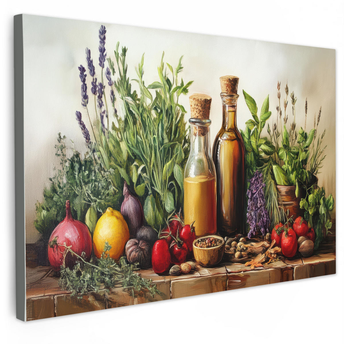 LEINWANDBILD Stilleben - Kräuter - Gewürze - Früchte - Farbenfroh Groß 140x90 cm - Grün, Textil (140/90cm) - MuchoWow