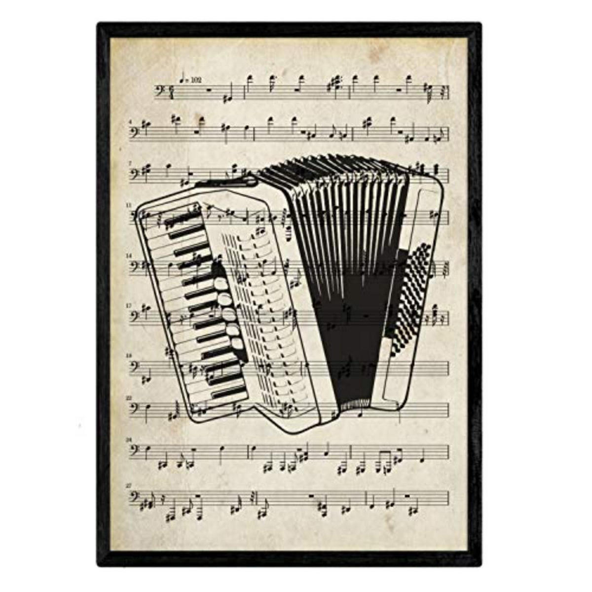 POSTER Set mit 4 Instrumente mit Noten Klavier, Geige, Cello, Akkordeon A4 Schwarzer Rahmen - Schwarz, Papier (29.7/3cm) - Nacnic