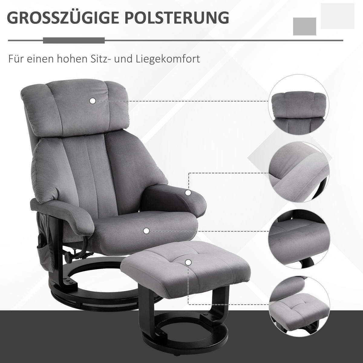 MASSAGESESSEL inkl. Hocker Fernsehsessel drehbar Relaxsessel Samt-Touch Grau - Grau, Kunststoff (80/102/76cm) - HOMCOM