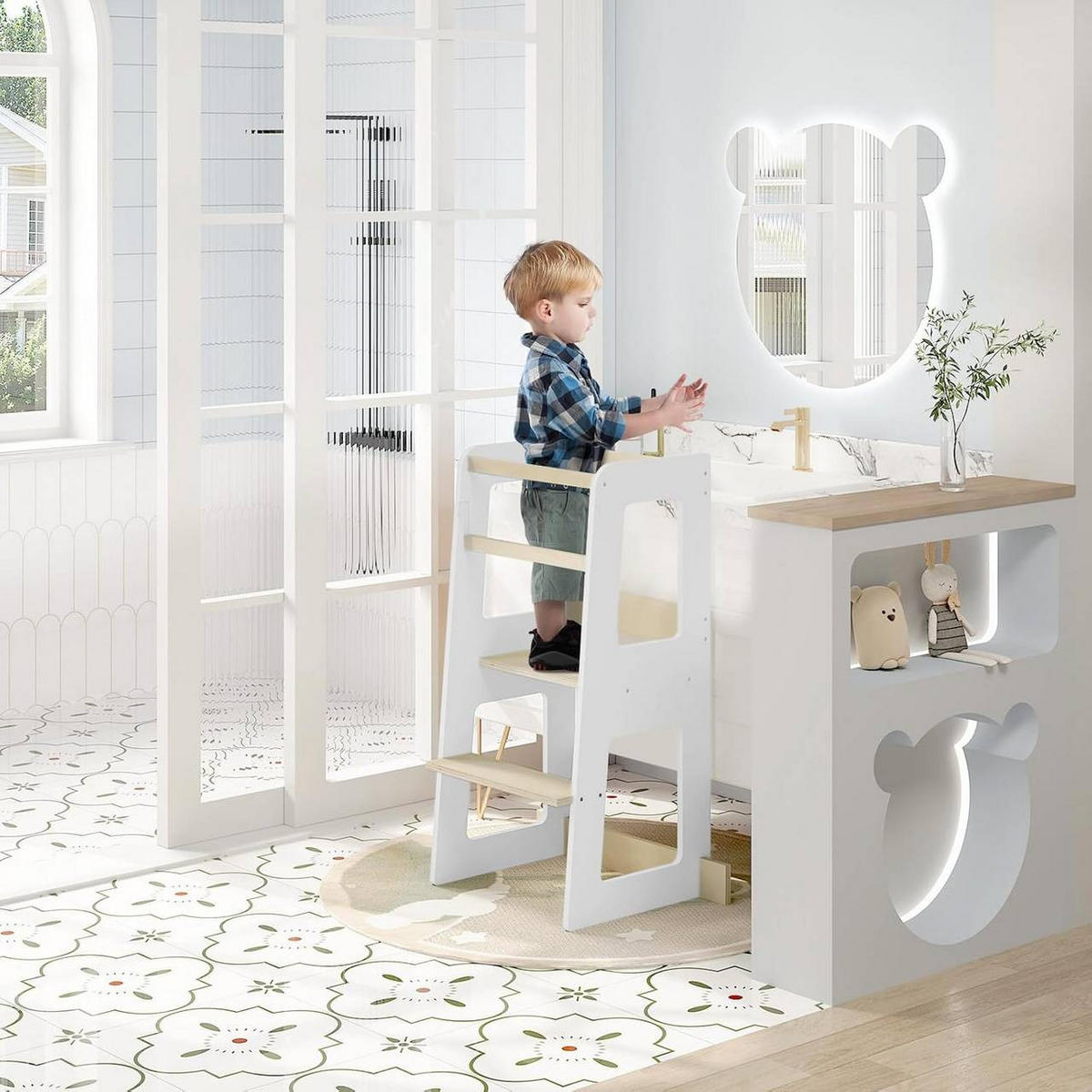 LERNTURM für Kinder ab 1 Jahr, Massivholz MDF, Weiß - Weiß/Naturfarben, Holz/Holzwerkstoff (59/90/41cm) - Woltu