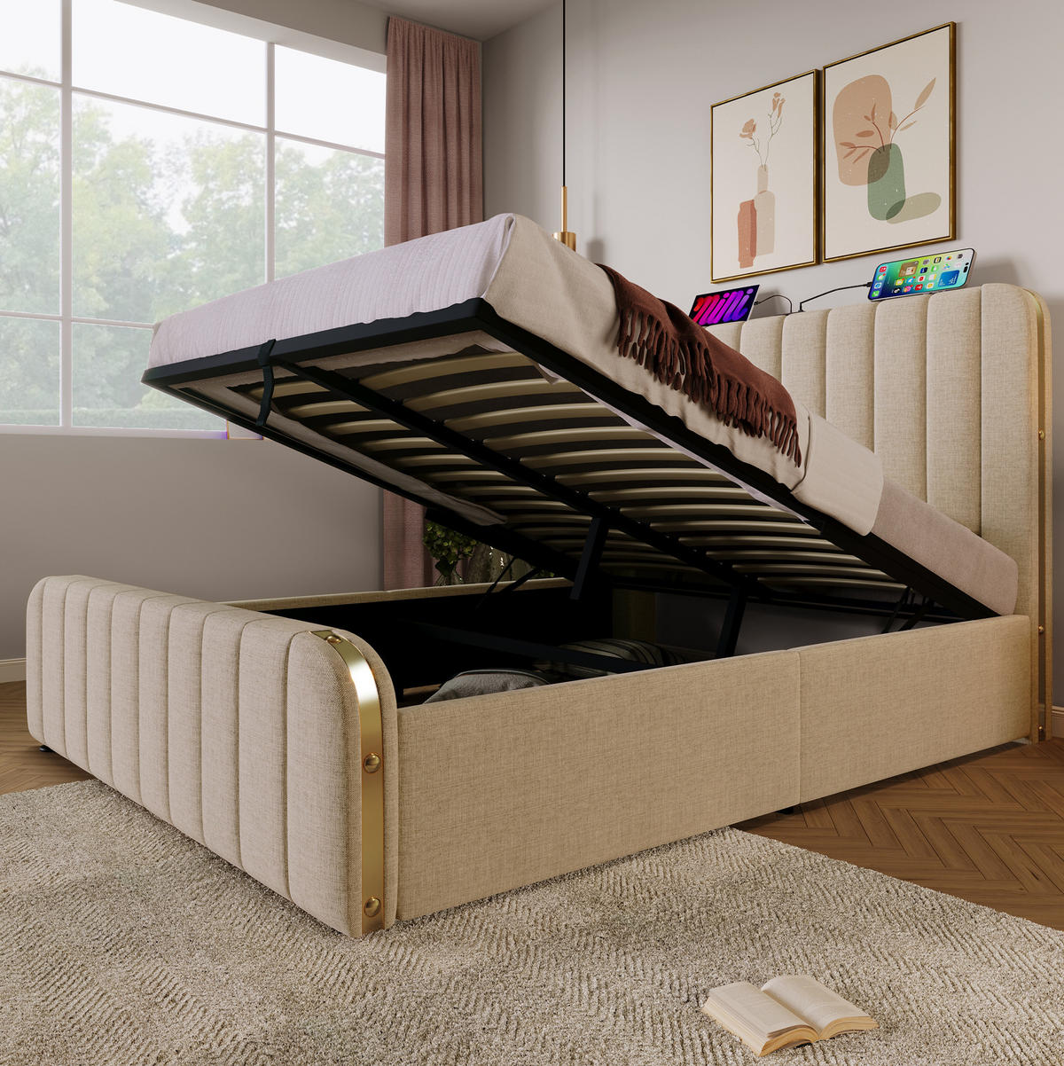 POLSTERBETT mit Stauraum, Matratze & USB 140x200 cm Leinen Beige - Beige, Metall (140/200cm) - Meubliv