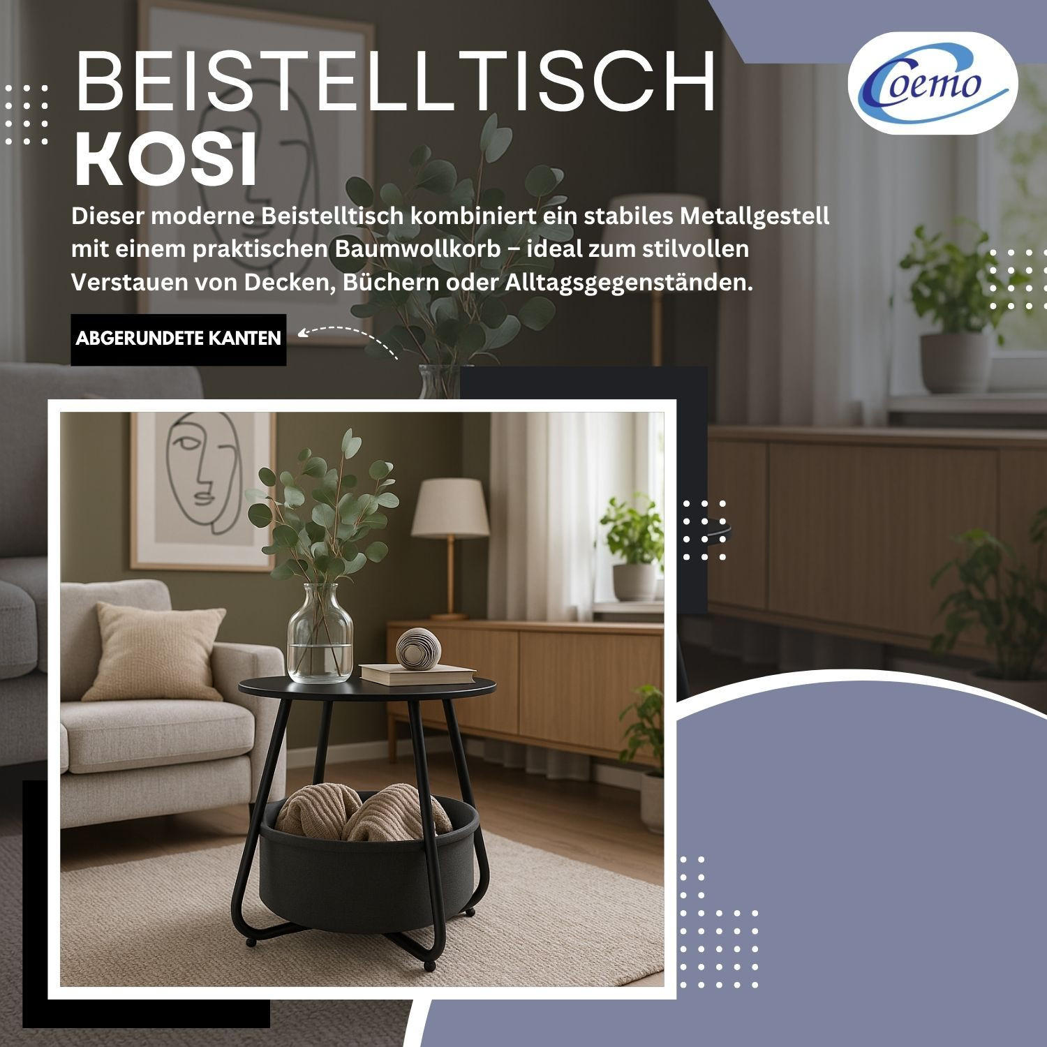COUCHTISCH KOSI Metall mit Aufbewahrungskorb Canvas Schwarz - Schwarz, Metall (50/50/45cm) - Coemo