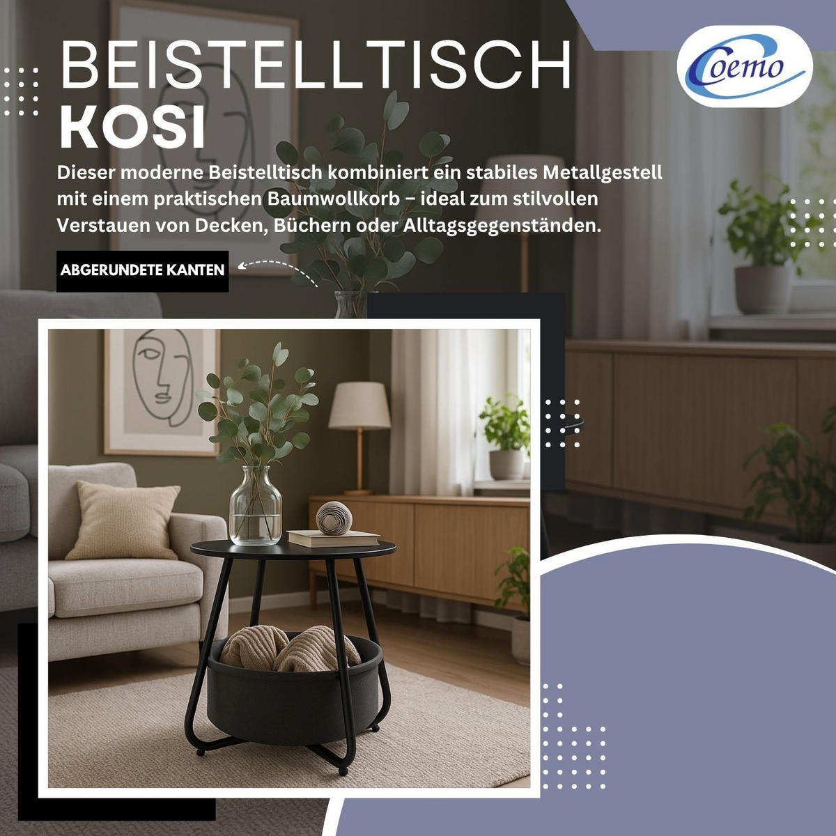 COUCHTISCH KOSI Metall mit Aufbewahrungskorb Canvas Schwarz - Schwarz, Metall (50/50/45cm) - Coemo