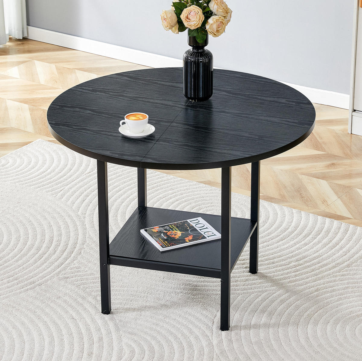 ESSTISCH 100/100/77 cm Schwarz aus MDF und Metall mit Stauraumregal - Schwarz, Holzwerkstoff (100/100/77cm) - OKMYHOME