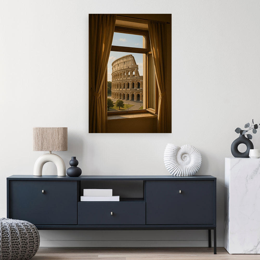 LEINWANDBILD Blick aus dem Fenster auf das Kolosseum in Rom 60x90cm - Braun, Textil (60/90cm) - Feeby