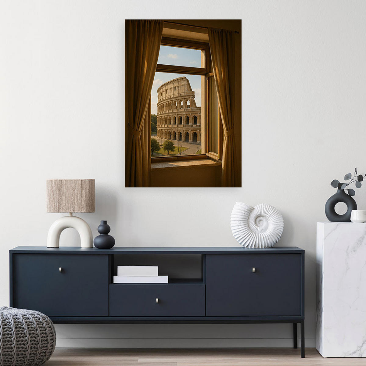 LEINWANDBILD Blick aus dem Fenster auf das Kolosseum in Rom 60x90cm - Braun, Textil (60/90cm) - Feeby