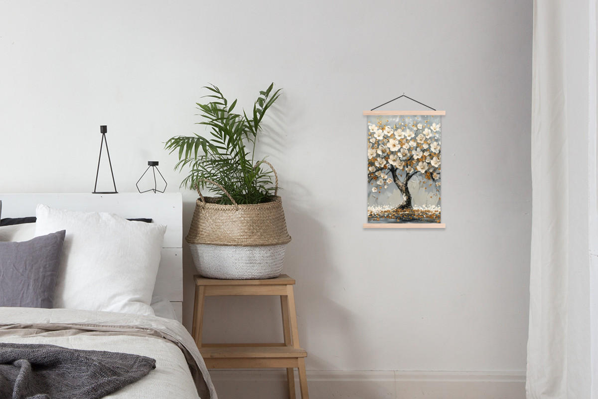 POSTER Baum - Blumen - Weiß - Natur - Kunst 40x60 cm - Weiß, Textil (40/60/0.15cm) - MuchoWow