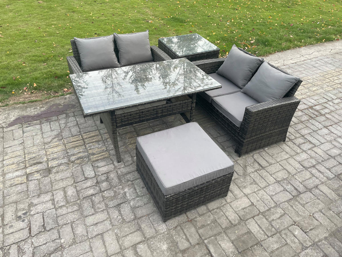 GARTENMÖBELSET mit 2-Sitzer Sofa,Esstisch,Beistelltisch Polyrattan Dunkelgrau 5-Sitzer - Dunkelgrau/Grau, Glas/Kunststoff - Fimous