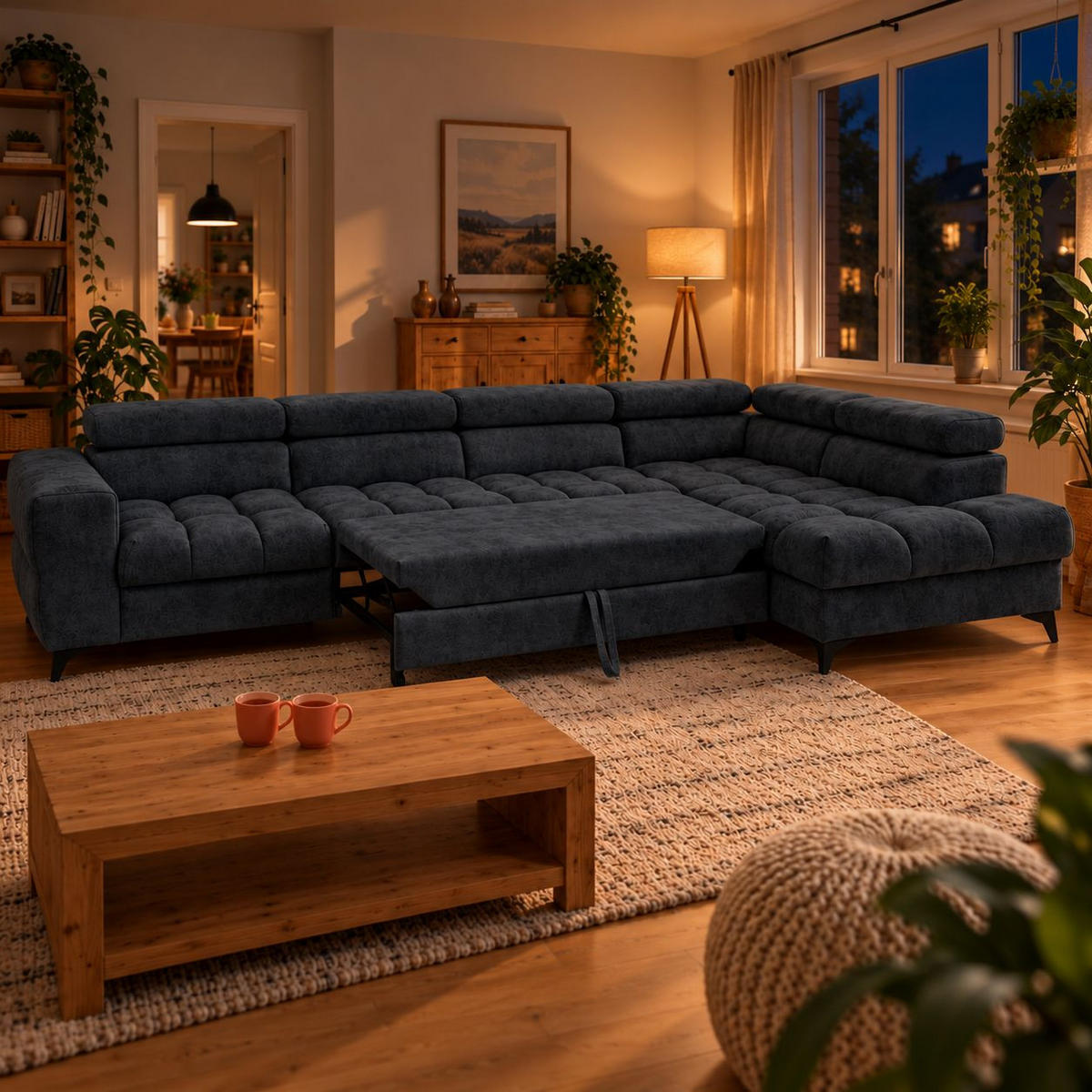 ECKSOFA PUDDING MAXI L Rechts mit Schlaffunktion 125x195 Velours Schwarz - Schwarz, Holz/Textil (203/350cm) - Muffo